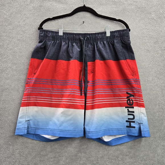 Hurley‎ Men Swimwear L Red Swim Trunks Striped Logo 8" Inseam - Picture 1 of 10